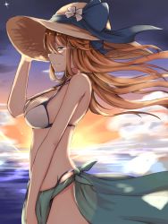 Rule 34 | 1girl, arm up, bikini, blush, breasts, brown hair, cleavage, closed mouth, cowboy shot, floating hair, from side, girls&#039; frontline, green eyes, hakuya (white night), hand on headwear, hat, highres, long hair, medium breasts, ocean, official alternate costume, outdoors, profile, sarong, smile, solo, springfield (girls&#039; frontline), springfield (stirring mermaid) (girls&#039; frontline), sun hat, swimsuit, tears, white bikini