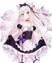 Rule 34 | 1girl, american flag, american flag print, animal ears, azur lane, bare shoulders, black bow, black dress, black hairband, blue bow, blue eyes, blush, bow, cat ears, cat hair ornament, closed mouth, collarbone, commentary request, cowboy shot, detached sleeves, dress, flag print, flower, frilled hairband, frills, garter straps, hair between eyes, hair ornament, hair ribbon, hairband, hammann (azur lane), head tilt, highres, kotomaru (sirouko9511), long hair, looking at viewer, one side up, puffy short sleeves, puffy sleeves, red bow, red ribbon, remodel (azur lane), ribbon, rose, short sleeves, simple background, skirt hold, solo, standing, strapless, strapless dress, thighhighs, very long hair, white background, white flower, white rose, white thighhighs