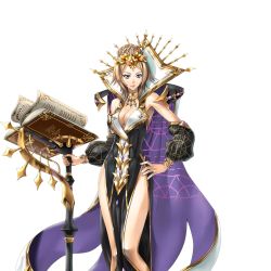 Rule 34 | 1girl, armpits, bare shoulders, book, breasts, brown hair, cape, cleavage, closed mouth, crown, hair bun, hair ornament, hand on own hip, holding, legs, light smile, looking at viewer, medium breasts, purple eyes, sacred sword princesses, single hair bun, smile, solo, staff, standing, thighs, transparent background