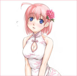 Rule 34 | 1girl, ahoge, artist request, blue eyes, blush, breasts, center opening, character request, chinese clothes, cleavage, collar, flower, hair flower, hair ornament, lips, looking at viewer, pink hair, short hair, simple background, solo, white background