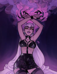 Rule 34 | 1girl, bare shoulders, claws, dark, demon girl, earrings, evelynn (league of legends), jewelry, league of legends, long hair, looking at viewer, revealing clothes, silver hair, skirt, solo, the baddest evelynn, vashperado, yellow eyes