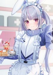 Rule 34 | 1girl, 717minami, absurdres, animal ears, apron, blue bow, blunt bangs, blush, bow, closed mouth, cup, earrings, fake animal ears, food, frilled apron, frills, grey hair, grey jacket, hair bow, hair ornament, hairclip, highres, holding, holding tray, jacket, jersey maid, jewelry, long hair, long sleeves, looking at viewer, maid, maid headdress, official alternate costume, pancake, pancake stack, purple eyes, rabbit earrings, rabbit ears, short eyebrows, sidelocks, sleeves past fingers, sleeves past wrists, solo, strawberry parfait, tea, tosaki mimi, tray, twintails, unconventional maid, upper body, very long hair, virtual youtuber, vspo!, white apron
