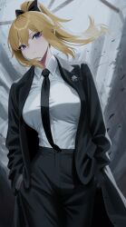 Rule 34 | 1girl, absurdres, alternate costume, black bow, black coat, black necktie, black pants, black suit, blonde hair, blue eyes, bow, closed mouth, coat, collared shirt, commentary, commentary request, commission, cowboy shot, english commentary, expressionless, formal, genshin impact, hands in pockets, highres, jean (genshin impact), leavv, long hair, long sleeves, looking at viewer, mixed-language commentary, necktie, open clothes, open coat, pants, pixiv commission, ponytail, shirt, solo, suit, white shirt