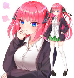 Rule 34 | &gt;:(, 1girl, arm under breasts, black cardigan, black footwear, black ribbon, blunt bangs, blush, breasts, butterfly hair ornament, cardigan, cleavage, collarbone, frown, go-toubun no hanayome, green skirt, hair ornament, hand on own hip, hand to own mouth, head tilt, highres, hime cut, hoshino reiji, large breasts, long hair, looking at viewer, multicolored nails, nail polish, nakano nino, open cardigan, open clothes, pink hair, ribbon, school uniform, shirt, simple background, skirt, sleeves past wrists, thighhighs, twintails, v-shaped eyebrows, white background, white shirt, white thighhighs, zettai ryouiki