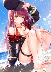 Rule 34 | 1girl, bare shoulders, barefoot, beach, bikini, blue sky, blush, breasts, cleavage, collarbone, feet, foot focus, foreshortening, heterochromia, highres, hololive, houshou marine, houshou marine (summer), large breasts, legs, long hair, long sleeves, looking at viewer, red eyes, red hair, revision, shore, sitting, sky, smile, soles, solo, swimsuit, toes, virtual youtuber, yan (nicknikg), yellow eyes