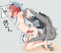 Rule 34 | 1girl, bdsm, blush, bottomless, bow, breasts, cervical penetration, cervix, clenched teeth, covered erect nipples, deep penetration, enemy naval mine (kancolle), faceless, faceless female, feet, grey background, hat, highres, kantai collection, monster, nose blush, red hair, restrained, small breasts, solo, teeth, tentacles, toes, trembling, tsurugi (the horizon), uterus, vaginal, x-ray, z3 max schultz (kancolle)