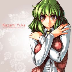 Rule 34 | 1girl, ascot, breasts, character name, copyright name, crossed arms, female focus, floral background, flower, flower request, frown, green hair, highres, kazami yuuka, medium breasts, phantasmagoria of flower view, plaid, plaid vest, red eyes, short hair, solo, touhou, umigarasu (kitsune1963), upper body, vest