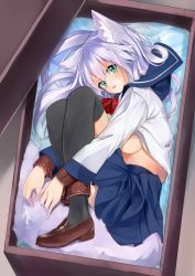 Rule 34 | 1girl, animal ear fluff, animal ears, ankle cuffs, blue sailor collar, blue skirt, blush, bowtie, box, breasts, commentary request, fox ears, fox girl, fox tail, green eyes, highres, in box, in container, loafers, long hair, long sleeves, looking at viewer, lying, medium breasts, on side, original, parted lips, pleated skirt, red bow, red bowtie, sailor collar, school uniform, serafuku, shirt, shoes, sideboob, silver hair, skirt, solo, tail, thighhighs, waichi, white shirt, wrist cuffs
