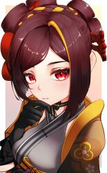 Rule 34 | 1girl, absurdres, amaneiru, black gloves, brown hair, chiori (genshin impact), commentary request, genshin impact, gloves, grey kimono, highres, japanese clothes, kimono, looking at viewer, red eyes, short hair, sidelocks, solo, upper body