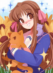 1girl 2boys animal animal_on_shoulder blue_shirt blue_sky blush brown_eyes brown_hair cat commentary emmyluvscookies english_commentary eyelashes fruits_basket grass hair_ribbon highres holding holding_animal honda_tohru long_hair long_sleeves looking_at_viewer mouse_(animal) multiple_boys open_mouth pink_ribbon ribbon sailor_collar shirt sky smile souma_kyou souma_yuki sparkle two_side_up upper_body white_sailor_collar