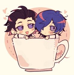 Rule 34 | 2boys, :d, ariminasan, black bow, black bowtie, black hair, black vest, blue eyes, blue hair, border, bow, bowtie, cup, expressionless, hair over one eye, hair slicked back, heart, highres, in container, in cup, long sleeves, looking at another, male focus, mochizuki ryouji, mole, mole under eye, mug, multiple boys, open mouth, outside border, persona, persona 3, pink background, round image, shirt, short hair, smile, traditional bowtie, vest, white border, white shirt, yuuki makoto (persona 3)