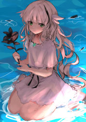 Rule 34 | 1girl, absurdres, blonde hair, commentary, dress, ender lilies quietus of the knights, flower, green eyes, hair ornament, highres, holding, holding flower, jewelry, lily (ender lilies), long hair, maria (syake-uni), multicolored hair, pendant, sitting, sketch, solo, streaked hair, wading, wariza, water, white dress