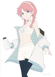 Rule 34 | 1girl, absurdres, apuki, arknights, artist name, black pants, blue eyes, blue poison (arknights), blue poison (shoal beat) (arknights), bottle, braid, choker, earrings, feet out of frame, hairband, highres, holding, holding bottle, jacket, jewelry, looking at viewer, midriff, navel, off shoulder, official alternate costume, open clothes, open jacket, pants, pants under shorts, pink hair, shorts, simple background, solo, sports bra, twin braids, water bottle, white background, white jacket, white shorts, white sports bra
