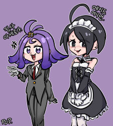 Rule 34 | 1boy, 1girl, acerola (pokemon), ahoge, allister (pokemon), alternate costume, apron, black hair, collared shirt, commentary request, creatures (company), crossdressing, embarrassed, fang, flying sweatdrops, game freak, gloves, grey gloves, highres, korean text, looking at viewer, maid, maid apron, maid headdress, necktie, nintendo, open mouth, outline, pdp (ksg950815), pokemon, pokemon sm, pokemon swsh, purple background, purple eyes, purple hair, red necktie, shirt, sweat, translation request, white outline