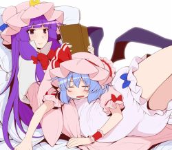 Rule 34 | 2girls, bloomers, blue bow, blue hair, blush, blush stickers, book, bow, closed eyes, commentary request, crescent, eichi yuu, hat, hat ribbon, holding, holding book, leaning back, long hair, lying, mob cap, multiple girls, on lap, on stomach, open book, patchouli knowledge, pink hat, puffy short sleeves, puffy sleeves, purple eyes, purple hair, reading, red bow, red ribbon, remilia scarlet, ribbon, short hair, short sleeves, sleeping, smile, touhou, underwear, wrist cuffs