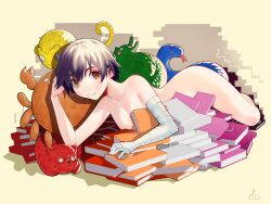Rule 34 | 1girl, absurdres, artist name, ass, bandaged arm, bandages, black hair, black thighhighs, blush, book, book stack, breasts, brown eyes, closed mouth, commentary, completely nude, elbow rest, english commentary, eyelashes, hair between eyes, head rest, highres, kanbaru suruga, light blush, looking at viewer, lying, monogatari (series), nude, on side, on stomach, piancaesar, pile of books, rainbow order, short hair, signature, small breasts, smile, solo, stack, stuffed animal, stuffed cat, stuffed crab, stuffed monkey, stuffed snail, stuffed snake, stuffed toy, thick eyebrows, thighhighs, tomboy, very short hair, yellow background