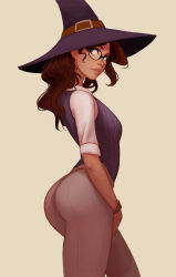 Rule 34 | 1girl, absurdres, arched back, ass, breasts, brown background, brown eyes, brown hair, dark-skinned female, dark skin, glasses, hat, highres, lips, long hair, looking at viewer, medium breasts, nose, original, photoshop (medium), raichiyo33, simple background, solo, thick lips, watch, witch hat, wristwatch