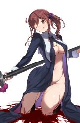 Rule 34 | 1girl, ahoge, black dress, black footwear, blood, boots, bottomless, breasts, brown eyes, brown hair, cleavage, cross, detached collar, dress, front slit, hair ornament, hair scrunchie, holding, holding weapon, jewelry, kneeling, long hair, looking at viewer, medium breasts, mole, mole under mouth, naked robe, navel, necklace, noel (tsukihime), nun, one eye closed, polearm, pool of blood, robe, scrunchie, sidelocks, simple background, solo, stomach, tongue, tongue out, tsukihime, tsukihime (remake), weapon, white background, yuzuruka (bougainvillea)