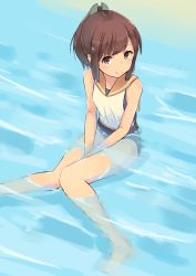 Rule 34 | 10s, 1girl, azu (azusayumix), barefoot, brown eyes, brown hair, i-401 (kancolle), kantai collection, knees together feet apart, looking at viewer, looking up, partially submerged, ponytail, school swimsuit, school uniform, short hair, short ponytail, sitting, solo, swimsuit, swimsuit under clothes, tan, v arms, water