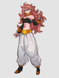 Rule 34 | 1girl, android 21, blue eyes, breasts, cleavage, closed mouth, dragon ball, dragon ball fighterz, earrings, full body, hair between eyes, hoop earrings, jewelry, kemachiku, long hair, looking at viewer, majin android 21, medium breasts, midriff, navel, pants, red hair, solo, standing, white pants