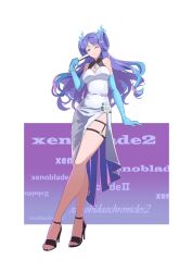 Rule 34 | 1girl, alternate costume, blue gloves, blue hair, breasts, brighid (xenoblade), chest jewel, commentary, copyright name, dress, elbow gloves, fiery hair, fire, full body, gloves, gradient hair, hand fan, hehe jun, high heels, highres, holding, holding fan, long hair, looking at viewer, medium breasts, multicolored hair, one eye closed, purple hair, smile, thigh strap, toes, unusually open eyes, white dress, xenoblade chronicles (series), xenoblade chronicles 2