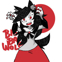 Rule 34 | 1girl, animal ear fluff, animal ears, arms up, brooch, collarbone, dress, english text, fingernails, imaizumi kagerou, jewelry, long fingernails, long hair, moon, nail polish, open mouth, red eyes, red moon, red nails, setz, sharp fingernails, simple background, smile, solo, tail, touhou, werewolf, wolf ears, wolf tail