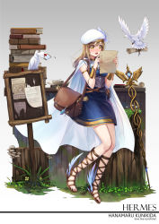 Rule 34 | 1girl, :o, arm guards, armlet, bag, belt, belt pouch, beret, bird, blue dress, blush, board, book, book stack, breasts, brown hair, cape, character name, clover, copyright name, crystal, curry bowl, dove, dress, envelope, flower, full body, fur trim, gladiator sandals, gradient background, grass, greek mythology, grey background, hat, hermes (mythology), highres, kunikida hanamaru, letter, long hair, love live!, love live! school idol festival, love live! sunshine!!, medium breasts, mushroom, paper, plant, pouch, reading, revision, sandals, scroll, shoes, short dress, shoulder bag, sleeveless, staff, standing, string, surprised, torn paper, tree stump, white cape, white hat, winged footwear, wings, yellow eyes