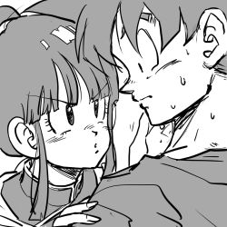 Rule 34 | 1boy, 1girl, black eyes, black hair, chi-chi (dragon ball), chinese clothes, close-up, commentary request, couple, dragon ball, dragonball z, eye contact, eyelashes, facing away, fingernails, frown, greyscale, hair bun, hand on another&#039;s cheek, hand on another&#039;s face, hand on another&#039;s shoulder, height difference, hetero, highres, looking at another, looking down, monochrome, nervous, parted lips, profile, simple background, single hair bun, son goku, spiked hair, sweat, sweatdrop, tkgsize, upper body, v-shaped eyebrows, white background