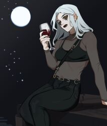 Rule 34 | 1girl, alcohol, belt, black background, black belt, black lips, black pants, brown shirt, copyright request, covered collarbone, cup, drinking glass, earrings, feet out of frame, from side, grey hair, highres, jewelry, long hair, makeup, moon, orange eyes, pants, porqueloin, shirt, sitting, solo, wine, wine glass