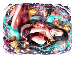 Rule 34 | 1girl, black hair, boa hancock, breasts, candlestand, chalice, cleavage, cup, earrings, hand on own chin, indoors, jack-o&#039;-lantern, jewelry, large breasts, long hair, moon, necklace, official art, one piece, one piece treasure cruise, red curtains, red moon, solo, window