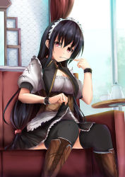 Rule 34 | 1girl, apron, bad id, bad pixiv id, black hair, black thighhighs, breasts, brown eyes, cleavage, clothes lift, cup, kanzaki kureha, long hair, looking at viewer, low-tied long hair, maid, maid apron, maid headdress, medium breasts, original, scrunchie, sitting, skirt, skirt lift, solo, teacup, teapot, thighhighs, very long hair, wristband