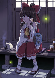 Rule 34 | 1girl, animal, bare shoulders, bow, brown eyes, brown hair, bug, cup, detached sleeves, drink, drinking glass, firefly, frilled skirt, frills, full body, hair bow, hair tubes, hakurei reimu, hand fan, highres, holding, holding fan, insect, inuno rakugaki, japanese clothes, medium hair, mosquito coil, nontraditional miko, outdoors, paper fan, parted lips, red bow, red skirt, ribbon-trimmed sleeves, ribbon trim, shouji, sidelocks, sitting, skirt, sliding doors, socks, solo, touhou, uchiwa, veranda, white sleeves, white socks, wide sleeves