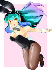Rule 34 | 1girl, absurdres, animal ears, aqua hair, black leotard, bow, bowtie, breasts, brown pantyhose, bunny day, cleavage, commentary request, cone horns, detached collar, gradient hair, grey bow, grey bowtie, highres, horns, leotard, long hair, lum, medium breasts, multicolored hair, nanao futaba, pantyhose, playboy bunny, pointy ears, rabbit ears, rabbit tail, solo, strapless, strapless leotard, tail, urusei yatsura, wrist cuffs, yellow eyes
