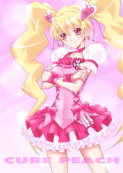 Rule 34 | 00s, 1girl, bad id, bad pixiv id, blonde hair, bow, character name, choker, crossed arms, cure peach, earrings, eyelashes, fresh precure!, hair ornament, hairpin, heart, heart hair ornament, highres, jewelry, kojikoji, long hair, magical girl, momozono love, pink eyes, precure, ribbon, skirt, smile, solo, twintails