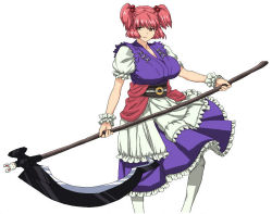 Rule 34 | 1girl, breasts, female focus, hair bobbles, hair ornament, hisakawa riho, huge breasts, onozuka komachi, red eyes, red hair, scythe, short hair, solo, touhou, twintails, two side up