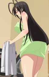 Rule 34 | 10s, 1girl, ass, back, black hair, breasts, earrings, female focus, green eyes, hasegawa chisato, highres, jewelry, large breasts, long hair, shinmai maou no testament, simple background, smile, solo, standing, stitched, third-party edit, towel