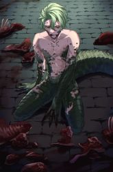 Rule 34 | 1boy, blood, blood on face, blood on hands, blush, bone, brick floor, claws, dragon boy, dragon tail, food, green eyes, green hair, highres, kneeling, looking at viewer, male focus, meat, mona twst, monster boy, nude, original, raw meat, scales, solo, tail