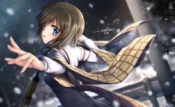 Rule 34 | 1girl, arms up, artist name, black hair, blue eyes, blurry, blurry background, blush, breasts, highres, kanon, key (company), looking at viewer, looking back, luft7star, medium hair, misaka shiori, night, parted lips, resolution mismatch, ribbon, scarf, signature, small breasts, snow, source larger, winter