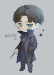 Rule 34 | 1boy, animification, black hair, blue eyes, blush, character name, chibi, coat, copyright name, fantastic beasts and where to find them, frown, full body, hand in pocket, harry potter (series), helmut (fantastic beasts), high collar, highres, holding, holding wand, looking at viewer, male focus, necktie, parted bangs, solo, sparkle, wand, wizarding world, ying zui yu weiba de shengzhang