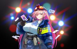 Rule 34 | 1girl, absurdres, belt, blue skirt, breasts, card, commission, commissioner upload, dark background, earrings, girls&#039; frontline, gloves, goggles, goggles on head, gun, heart, heart earrings, highres, holding, holding card, jacket, jewelry, large breasts, long hair, metropolitan police service, mole, mole under eye, neck tattoo, non-web source, open clothes, open jacket, pink hair, playing card, police, police uniform, pouch, red eyes, rifle, samsam s2s, shirt, sig mcx (girls&#039; frontline), skirt, smile, tattoo, uniform, walkie-talkie, weapon