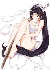 Rule 34 | 1girl, azur lane, black hair, blush, breasts, essa sazhka, feet, female focus, full body, hair flaps, hair ribbon, highres, holding, holding sword, holding weapon, katana, large breasts, leg lock, legs, long hair, looking at viewer, one-piece swimsuit, ponytail, ribbon, sheath, sheathed, simple background, solo, swimsuit, sword, takao (azur lane), toes, very long hair, weapon, white background, white one-piece swimsuit