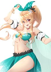 Rule 34 | absurdres, alternate costume, arabian clothes, arms up, bare shoulders, belly dancing, blonde hair, bow, bracelet, choker, fairy, hair bow, highres, jewelry, kay yu, light smile, long hair, looking at viewer, midriff, nijisanji, nijisanji en, open mouth, pointy ears, pomu rainpuff, ponytail, red eyes, simple background, veil, virtual youtuber, white background