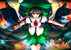 Rule 34 | 1girl, arm cannon, bird wings, black hair, black wings, bow, cape, evil smile, hair bow, long hair, looking at viewer, nama shirasu, puffy short sleeves, puffy sleeves, reiuji utsuho, shirt, short sleeves, skirt, smile, solo, third eye, touhou, weapon, wings, yellow eyes