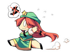 Rule 34 | 1girl, :3, bad id, bad pixiv id, blush, braid, breasts, chibi, comic, crossed out, female focus, flying sweatdrops, hair ribbon, hat, hat ribbon, hong meiling, large breasts, long hair, o o, puffy sleeves, red hair, ribbon, running, shirt, short sleeves, side slit, silent comic, skirt, skirt set, solo, speech bubble, star (symbol), touhou, uccow, very long hair, vest, witch hat