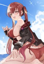 Rule 34 | 1girl, ass, bare shoulders, beach, bikini, bikini top lift, black jacket, black ribbon, breasts, clothes lift, cloud, commentary, contrail, day, earrings, hair ornament, hair ribbon, hairclip, hand on own thigh, heart, heterochromia, highres, hololive, houshou marine, houshou marine (summer), jacket, jewelry, large breasts, long hair, looking at viewer, off shoulder, official alternate costume, open mouth, plaid, plaid jacket, red bikini, red eyes, red hair, ribbon, shunka tunacan, sideboob, sitting, smile, solo, swimsuit, teeth, upper teeth only, virtual youtuber, wariza, water drop, yellow eyes