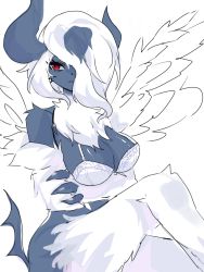 Rule 34 | 1girl, absol, asymmetrical horns, bare shoulders, blue horns, blue skin, body fur, bottomless, bra, breasts, claws, cleavage, colored skin, creatures (company), expressionless, feathered wings, female focus, furry, furry female, game freak, gen 3 pokemon, hair over one eye, half-closed eyes, highres, holding own arm, horns, knee up, large breasts, looking to the side, medium hair, mega absol, mega pokemon, neck fur, nintendo, one eye covered, personification, pokemon, pokemon (creature), red eyes, sami (yaonga797), sidelocks, simple background, sitting, sketch, solo, tail, underwear, underwear only, uneven horns, white background, white bra, white fur, white hair, white wings, wings