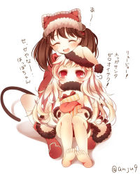 Rule 34 | 10s, 2girls, :d, ^ ^, abyssal ship, anju (meipurusanchi), blush, box, brown hair, closed eyes, covered mouth, closed eyes, gift, gift box, hat, horns, japanese clothes, kantai collection, kariginu, long hair, mittens, multiple girls, northern ocean princess, open mouth, pale skin, red eyes, ryuujou (kancolle), santa hat, sitting, sitting on person, smile, translation request, twintails, white hair