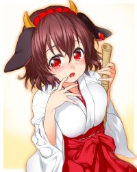 Rule 34 | 10s, 1girl, :o, animal ears, bamboo broom, blush, border, breasts, broom, brown hair, cow ears, diamond (shape), ear piercing, eyelashes, fingernails, from above, hair between eyes, hairband, hakama, hakama skirt, hand to own mouth, highres, holding, holmy (show by rock!!), horns, japanese clothes, large breasts, looking at viewer, miko, onsoku inu, open mouth, outside border, piercing, red eyes, red hakama, ribbon trim, short hair, show by rock!!, skirt, solo, spread fingers, unaligned breasts, upper body, v-neck, white background, white border, wide sleeves