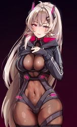 Rule 34 | 1girl, abs, absurdres, bodystocking, bodysuit, breasts, cleavage, cleavage cutout, clothes lift, clothing cutout, foxyreine, gloves, hair ornament, hairpin, headgear, highres, hood, hoodie, hoodie lift, indie virtual youtuber, large breasts, looking at viewer, navel, navel cutout, pink eyes, pink lips, ponytail, saruei (vtuber), scar, scar across eye, scar on face, see-through, skin tight, skindentation, solo, thick thighs, thigh gap, thigh strap, thighs, virtual youtuber