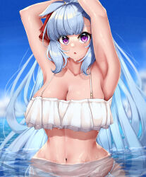 Rule 34 | 1girl, alternate costume, animal ears, armpits, arms up, bikini, blue hair, blue sky, blurry, blurry background, braid, breasts, chestnut mouth, cleavage, commentary, crown braid, ear ornament, frilled bikini, frills, highres, horse ears, horse girl, large breasts, light blue hair, long hair, looking at viewer, mejiro ardan (umamusume), navel, ocean, open mouth, outdoors, partially submerged, purple eyes, side-tie bikini bottom, sky, solo, swimsuit, tabunshake, umamusume, very long hair, water, wet, wet clothes, wet swimsuit, white bikini